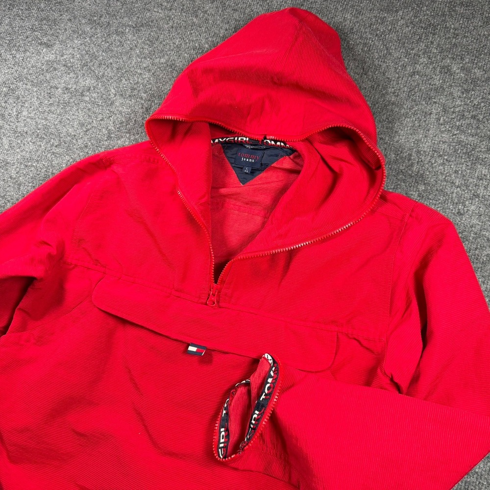 Tommy Jeans Anorak Jacket Womens L Red Vintage Ribbed Hooded Pullover 90s